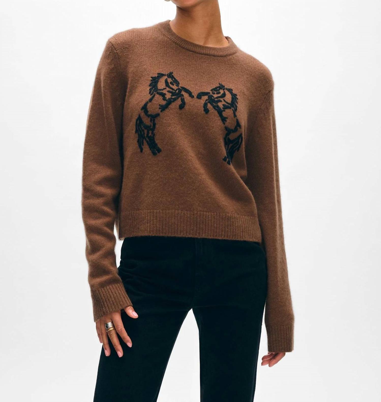 White + Warren - Cashmere Blend Horse Embroidered Crew Sweater