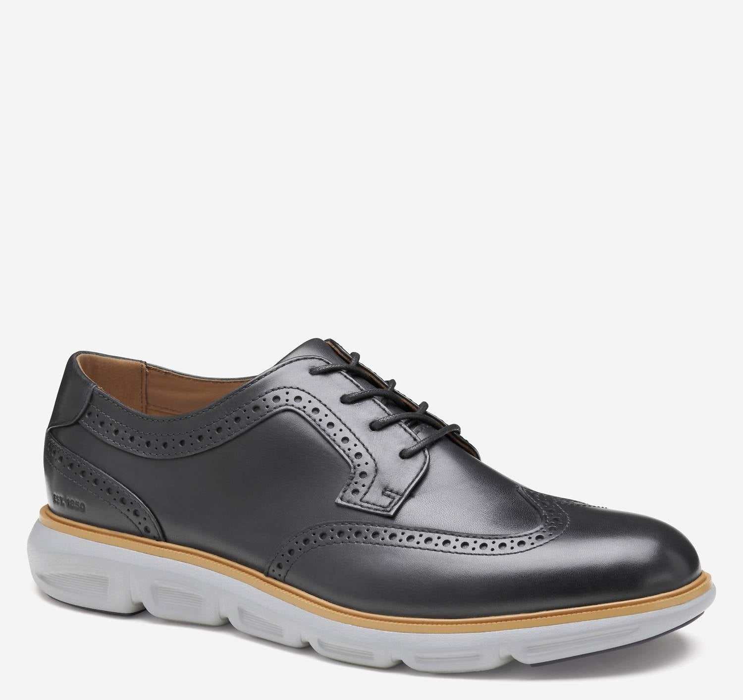 JOHNSTON & MURPHY Men's Larkin Wingtip Oxfords in black italian calfskin - men's shoe - detail view