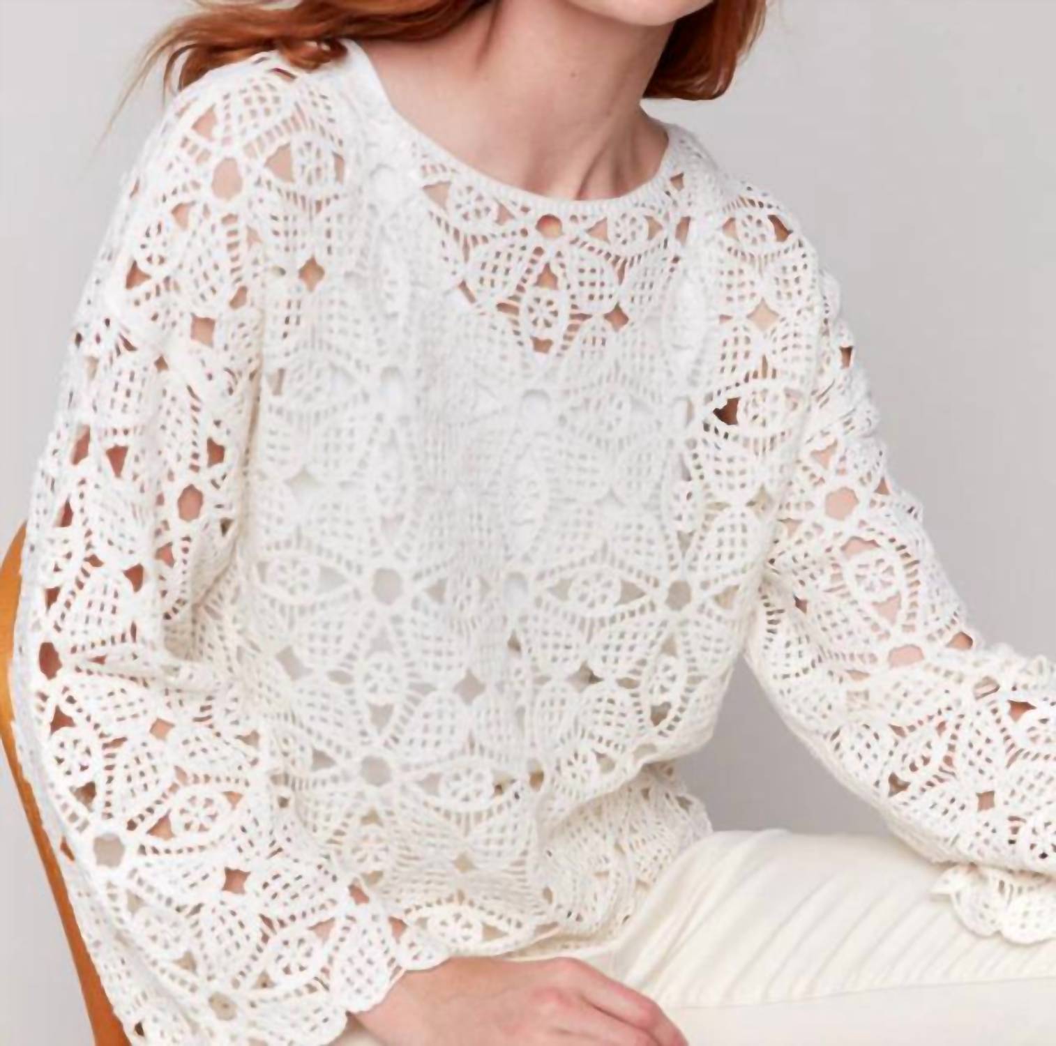 Charlie B - Crochet Long Sleeve Boatneck Top