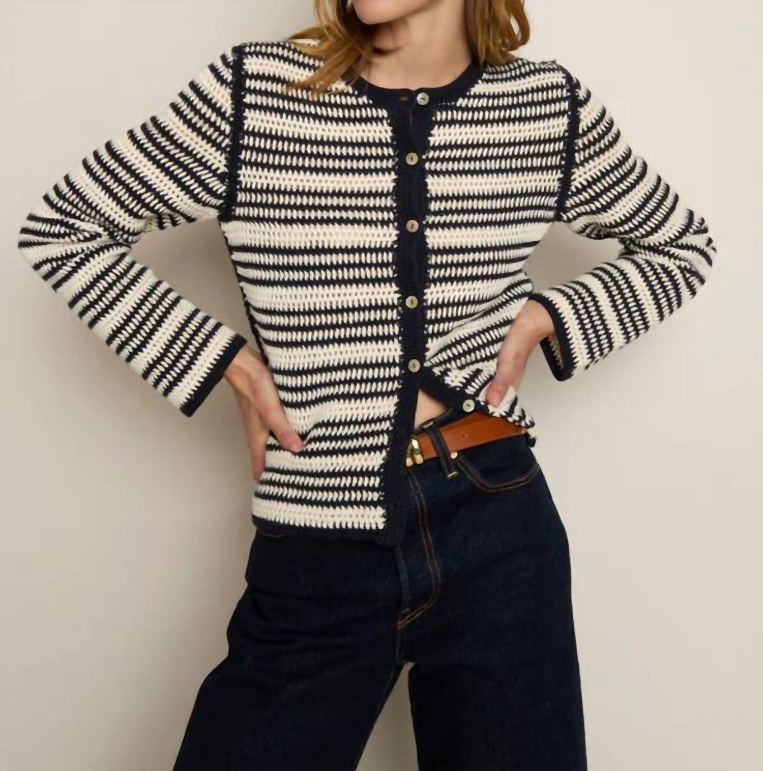 Nation LTD Courtney Crochet Cardigan in seascape stripe - women's cardigan - detail view