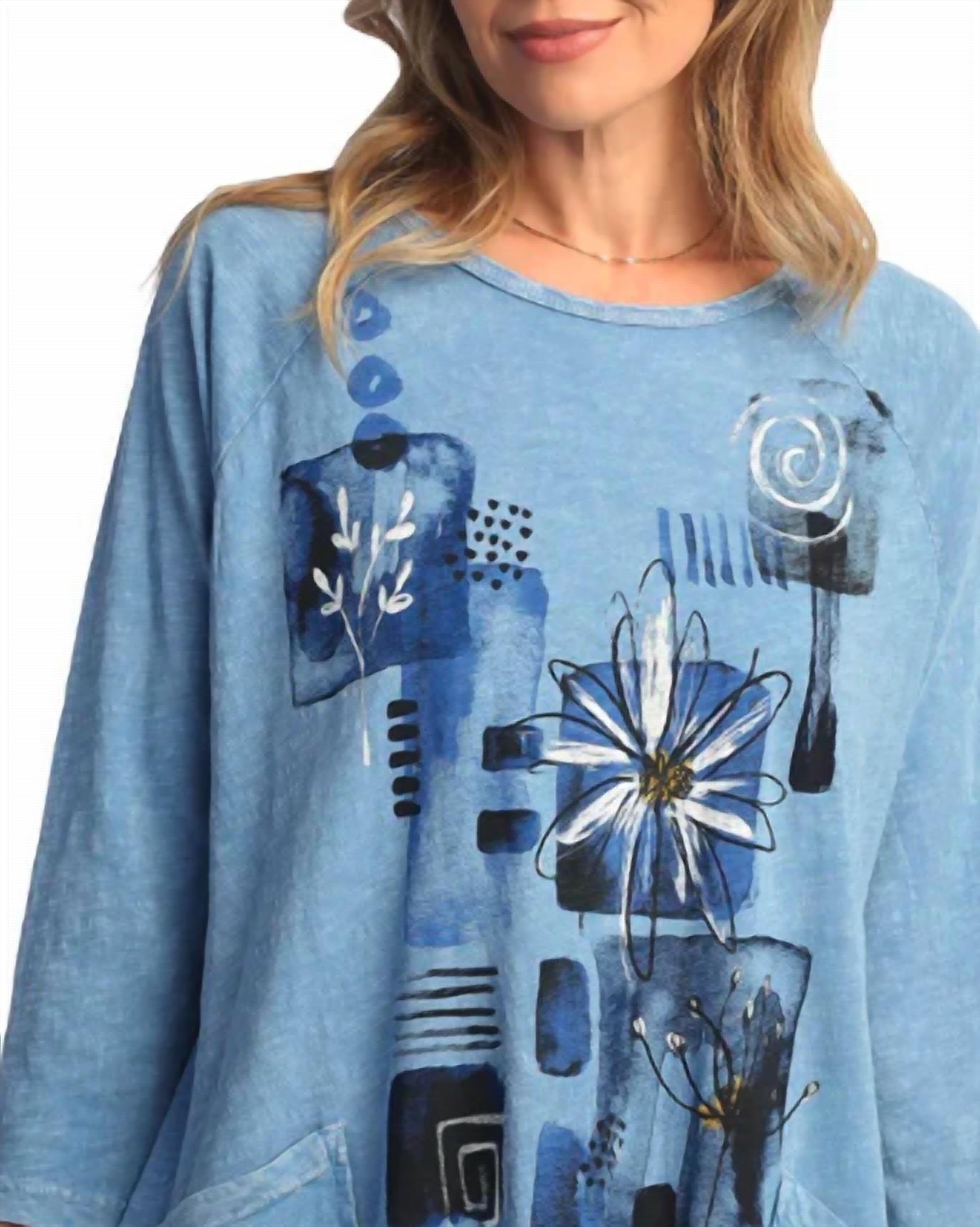 Jess & Jane Lily Mineral Washed Patch Pocket Cotton Top in blue - women's blouse - alternate view