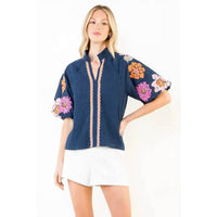 Thml - Floral Embroidery Puff Sleeve Textured Top