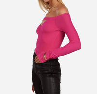 MICHAEL LAUREN Norbert Open Shoulder V Keyhole Top in dark pink - women's long sleeve top - detail view