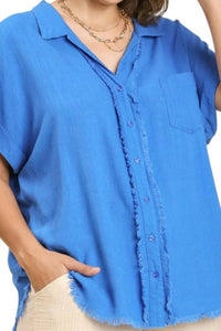 Umgee - Linen Button Front Fray Hem Top - Plus