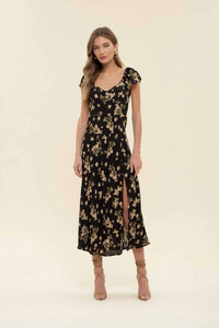 The Workshop - V Neck Ruffle Sleeve Side Slit Midi Dress