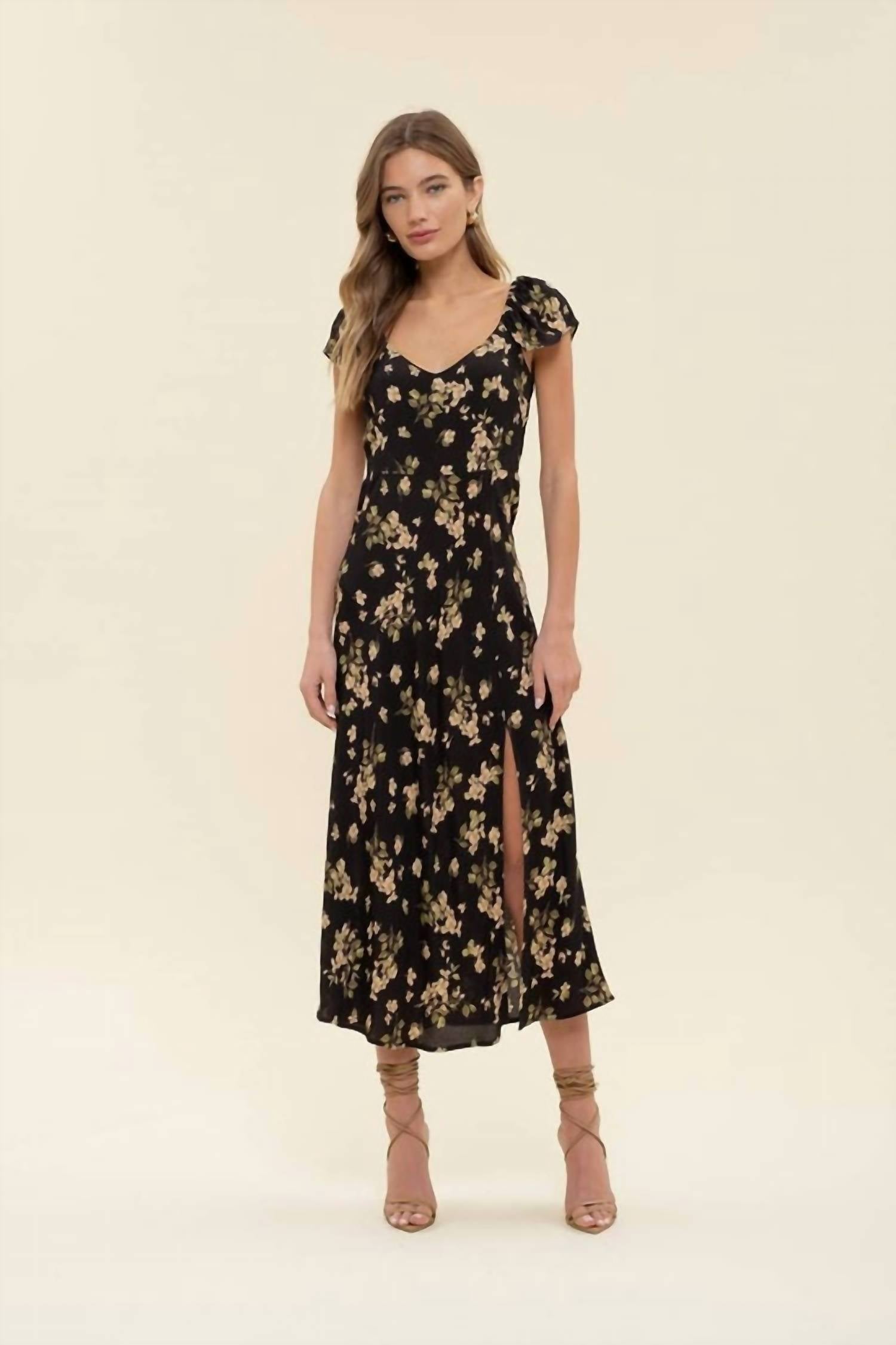 The Workshop - V Neck Ruffle Sleeve Side Slit Midi Dress