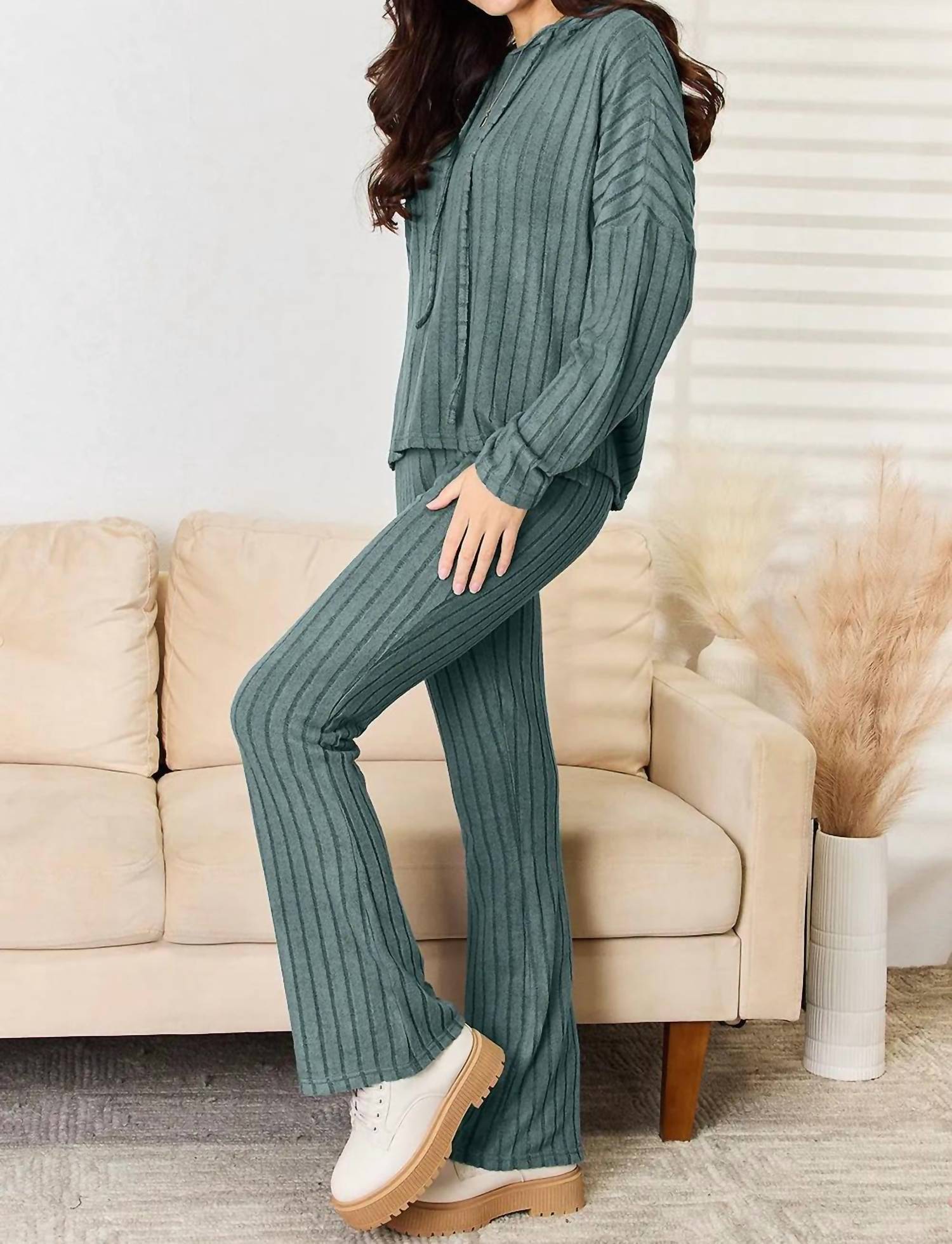 Basic Bae - Full Size Ribbed Drawstring Hooded Top And Straight Pants Set