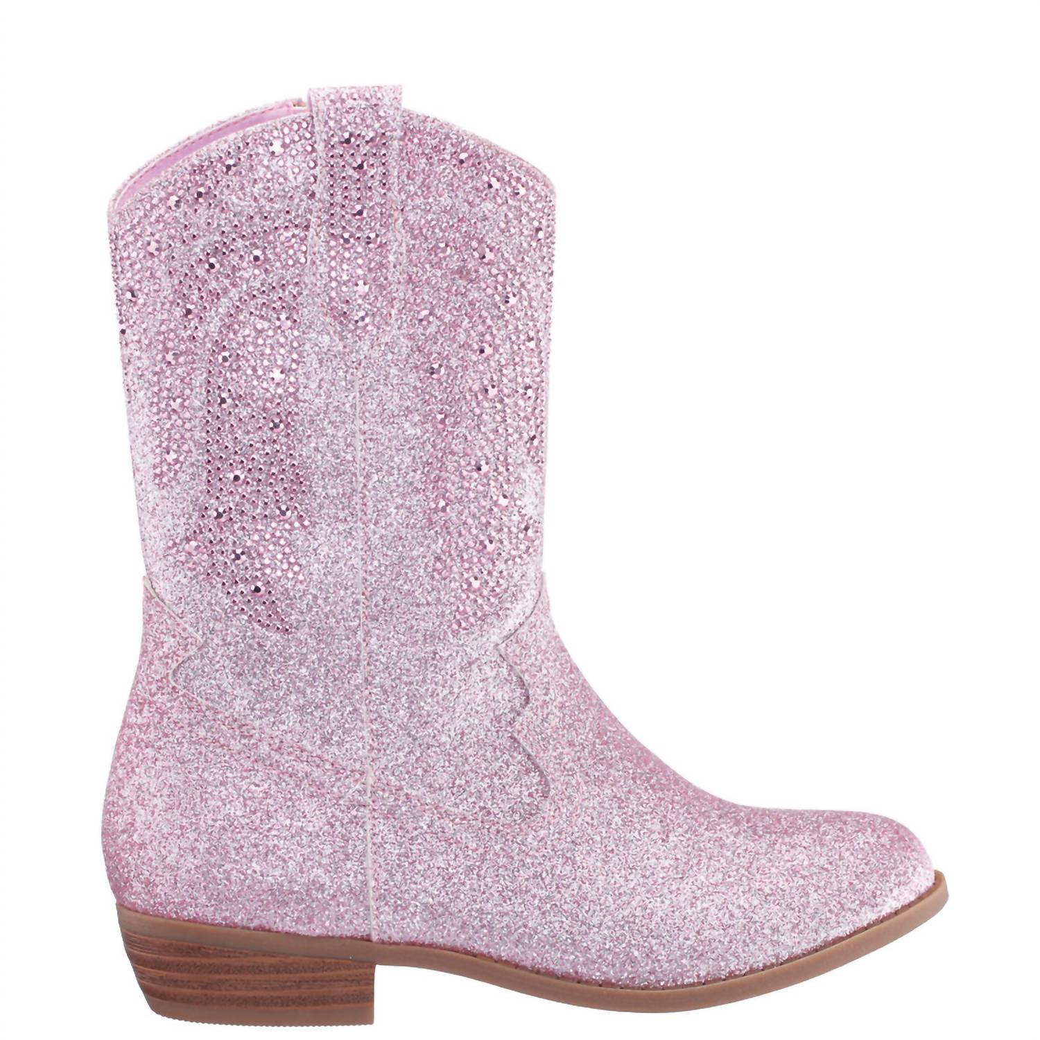Nina Girls Hawley Side Zip Cowboy Boots in light pink glitter stones - kids' boots - detail view
