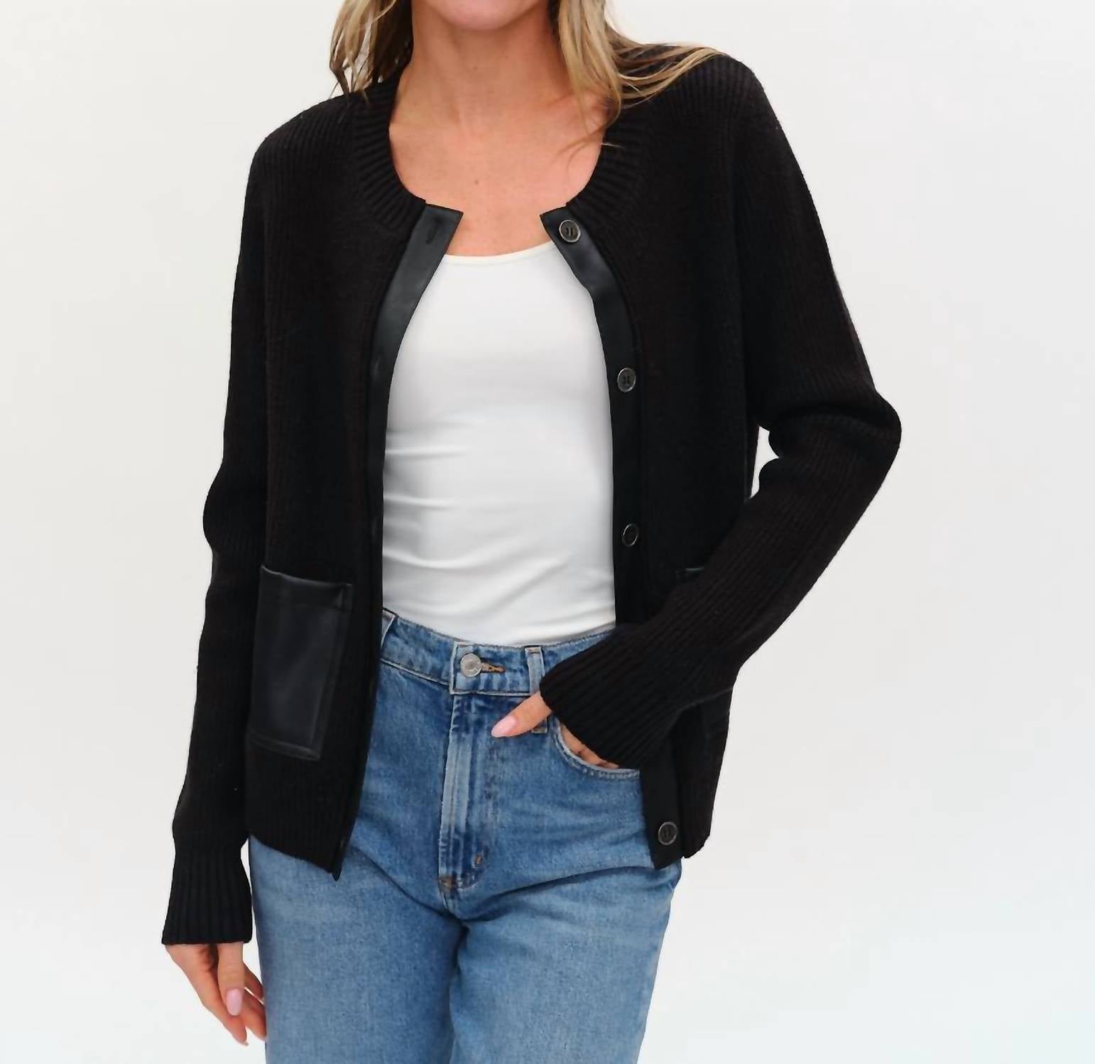 SIX/FIFTY Natalia Faux Leather Cardigan in black 1 - women's cardigan