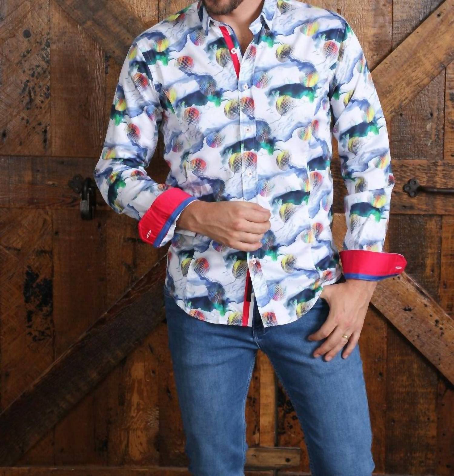 Eight X - Colorful Globes Button Down Shirt With Red Trim