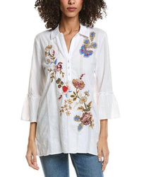 Johnny Was Ruffle Sleeve Henley Tunic Top in white - women's shirt