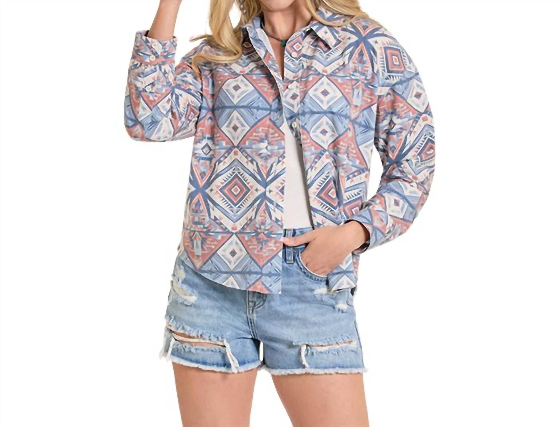 Rock & Roll Denim Aztec Knit Overshirt in blue - women's shirt