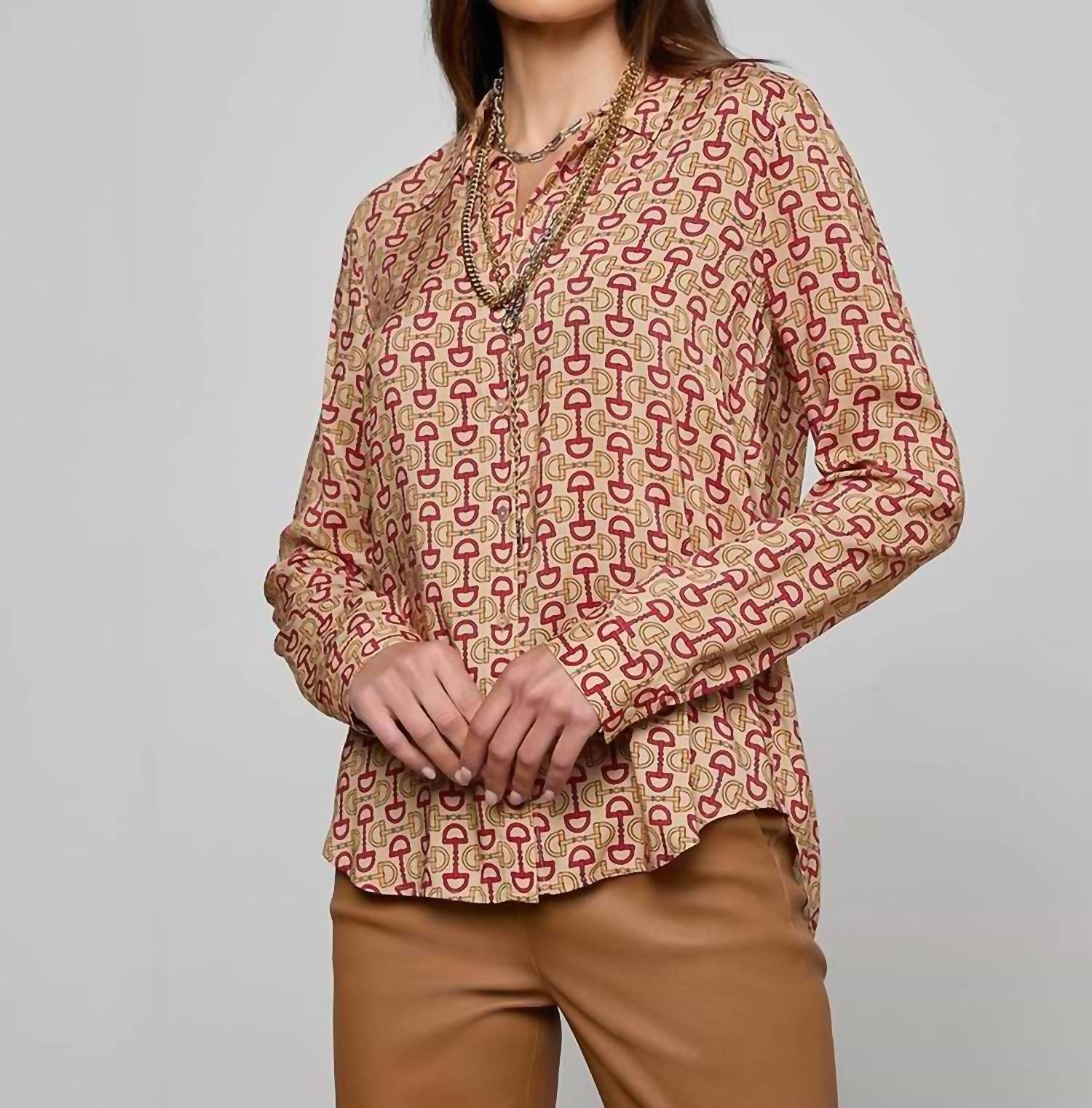 L'Agence Holly Long Sleeve Button Down Blouse in multi allover horse bit - women's blouse - detail view