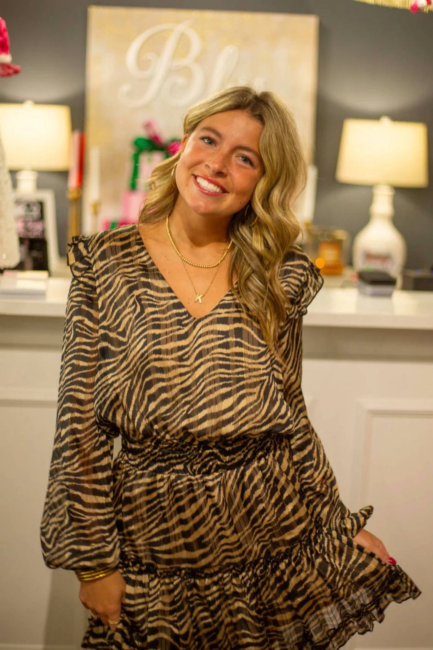 Adrienne - V Neck Long Sleeve Tiered Ruffle Skirt Dress