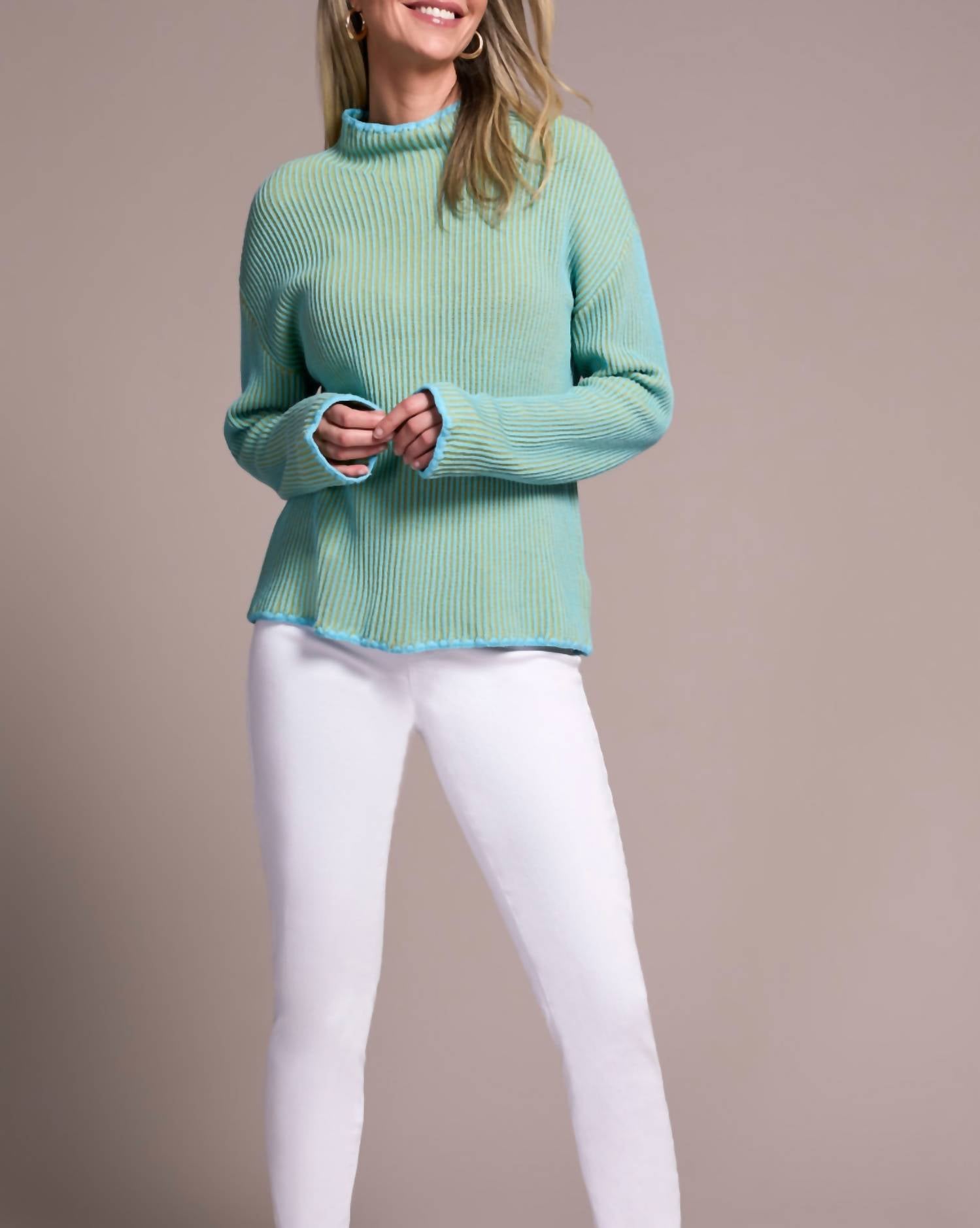 Tribal - COMBED COTTON TWO-TONE RIB FUNNEL NECK