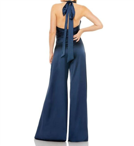 Mac Duggal - Ruched Halter Top Wide Leg Satin Jumpsuit