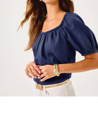 Lilly Pulitzer Calais Short Sleeve Top in sapphire pool 1 - women's blouse - detail view