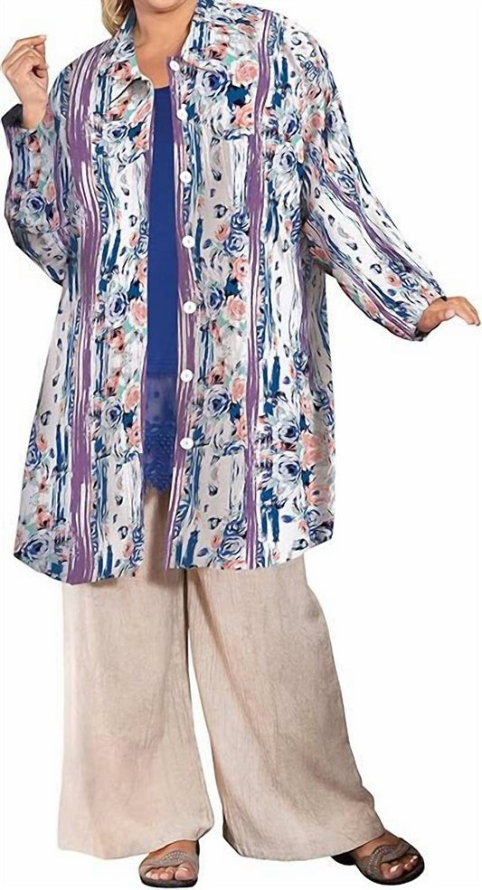 On The Plus Side - Printed Long Sleeve Chiffon Button Up Rodie Tunic - Plus