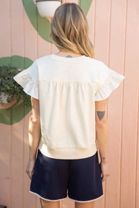 Voy - Contrast Ribbon Ruffle Sleeve Sweat Top
