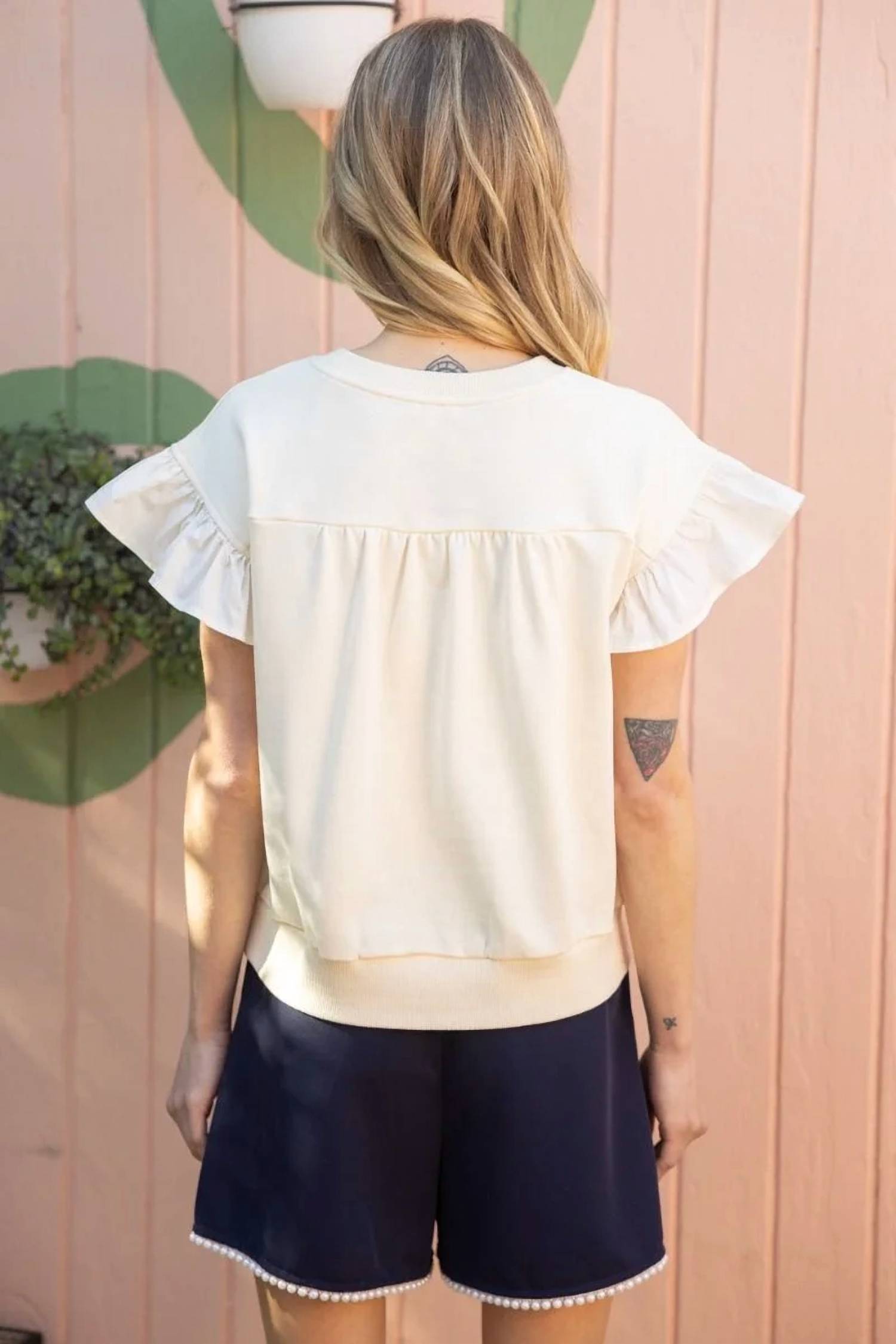 Voy - Contrast Ribbon Ruffle Sleeve Sweat Top