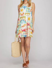 She + Sky - Sleeveless Woven Print A-line Mini Dress With Pockets
