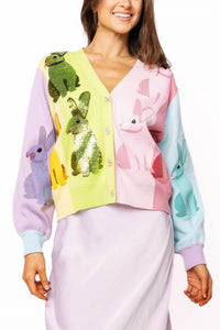 Queen Of Sparkles - Rainbow Colorblock Easter Bunny Button Up Cardigan