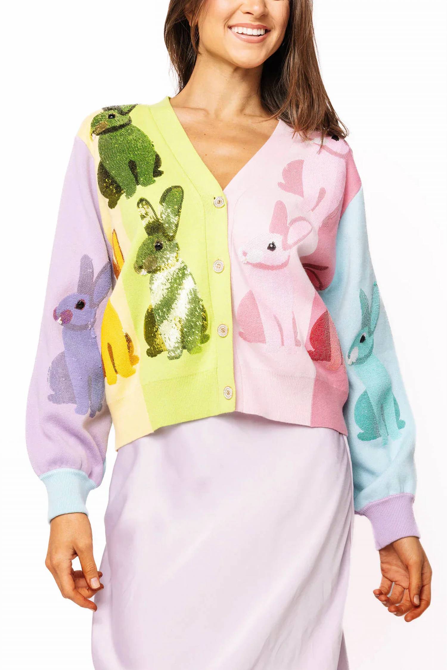 Queen Of Sparkles - Rainbow Colorblock Easter Bunny Button Up Cardigan
