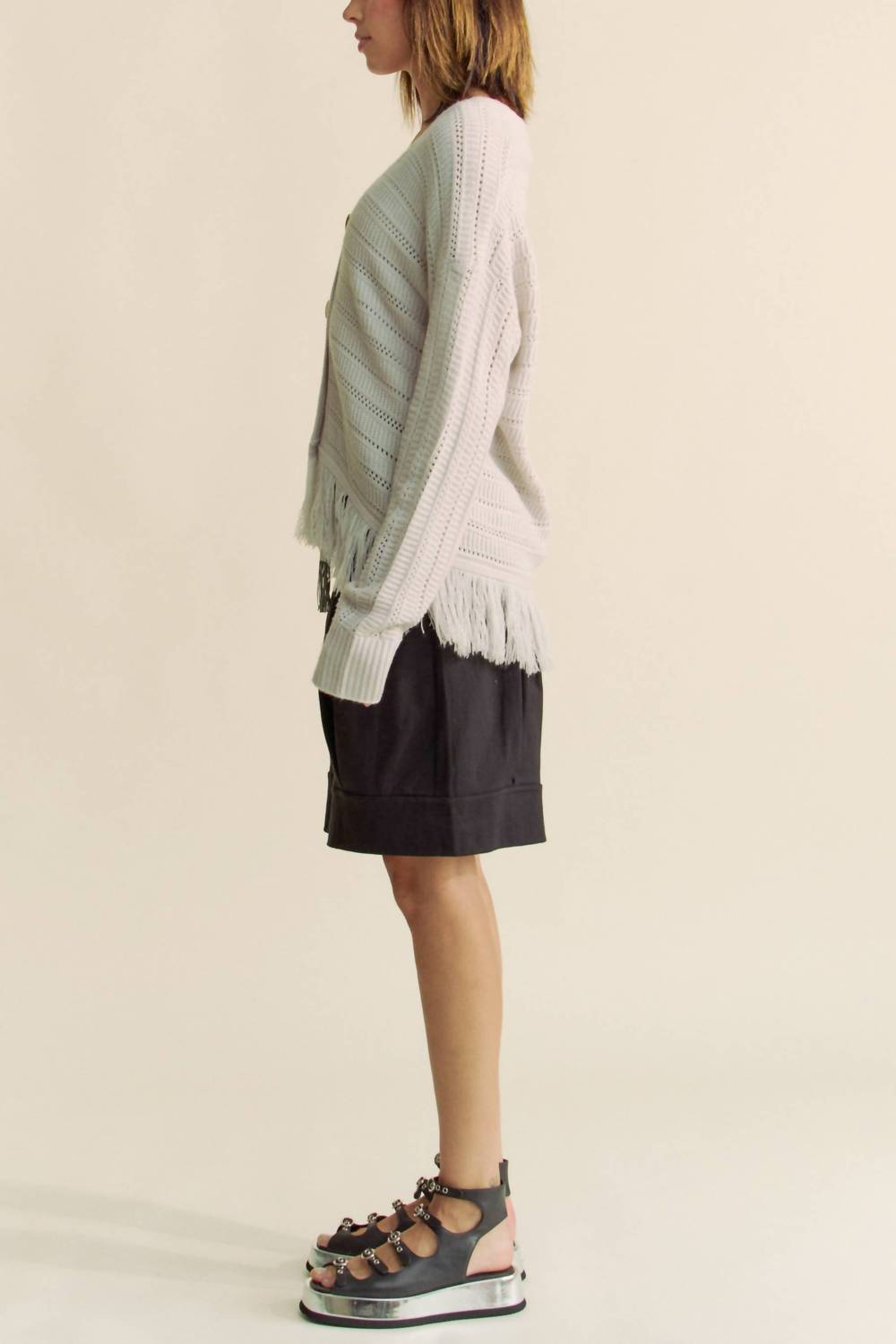 DAVI & DANI Fringed Stripe Knit Cardigan in silver grey - women's cardigan - alternate view