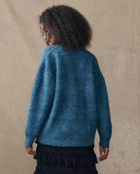 THE GREAT. The Brushed Melange Cardigan in winteride blue - women's cardigan - alternate view