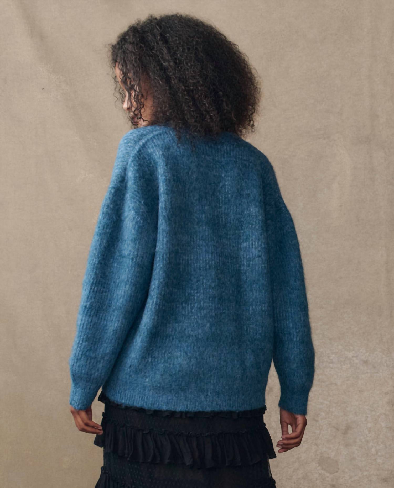 THE GREAT. The Brushed Melange Cardigan in winteride blue - women's cardigan - alternate view