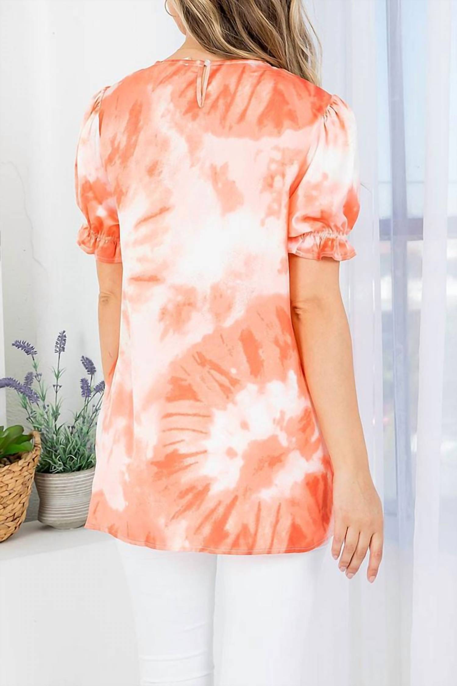 Zia Apparel - Tie Dye Round Neckline Puffed Sleeve