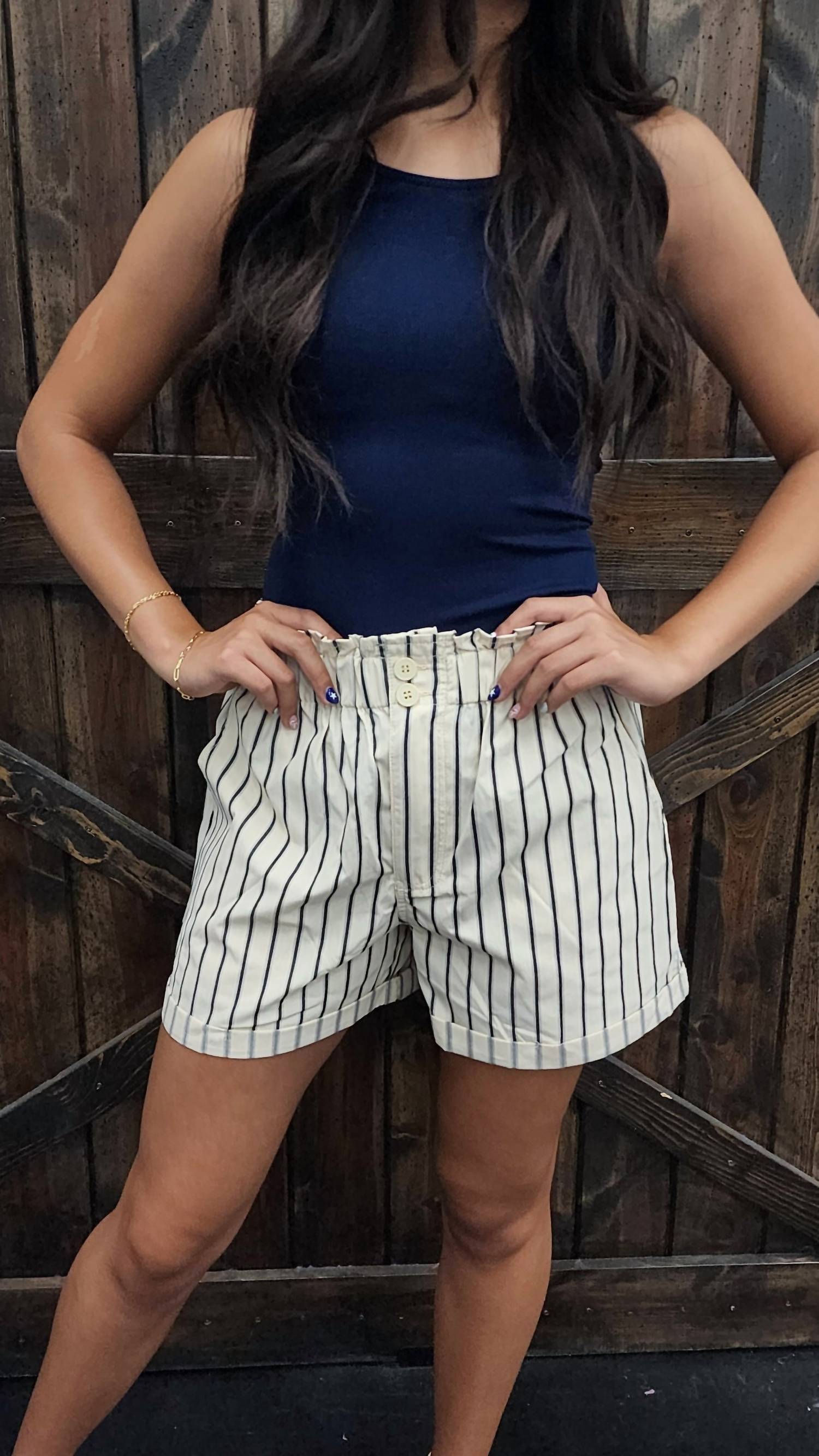 Bibi - Stripe Woven Waist Elastic Shorts