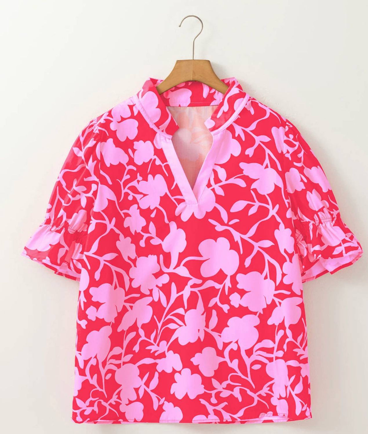 Style Usa - Floral V Neck Top With Puff Sleeves