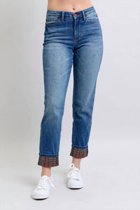 Judy Blue - Mid-rise Plaid Print Cuff Boyfriend Jeans