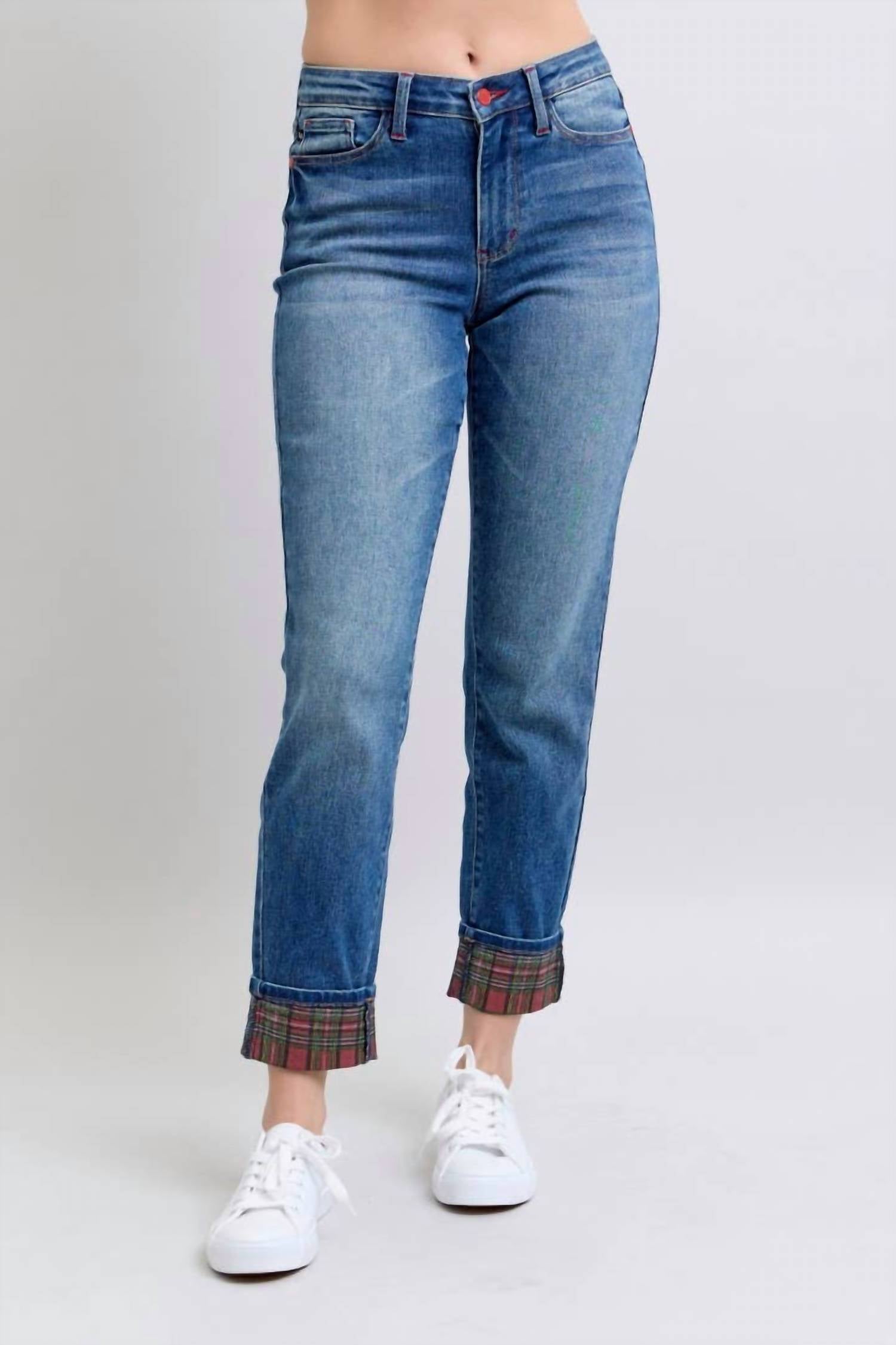 Judy Blue - Mid-rise Plaid Print Cuff Boyfriend Jeans