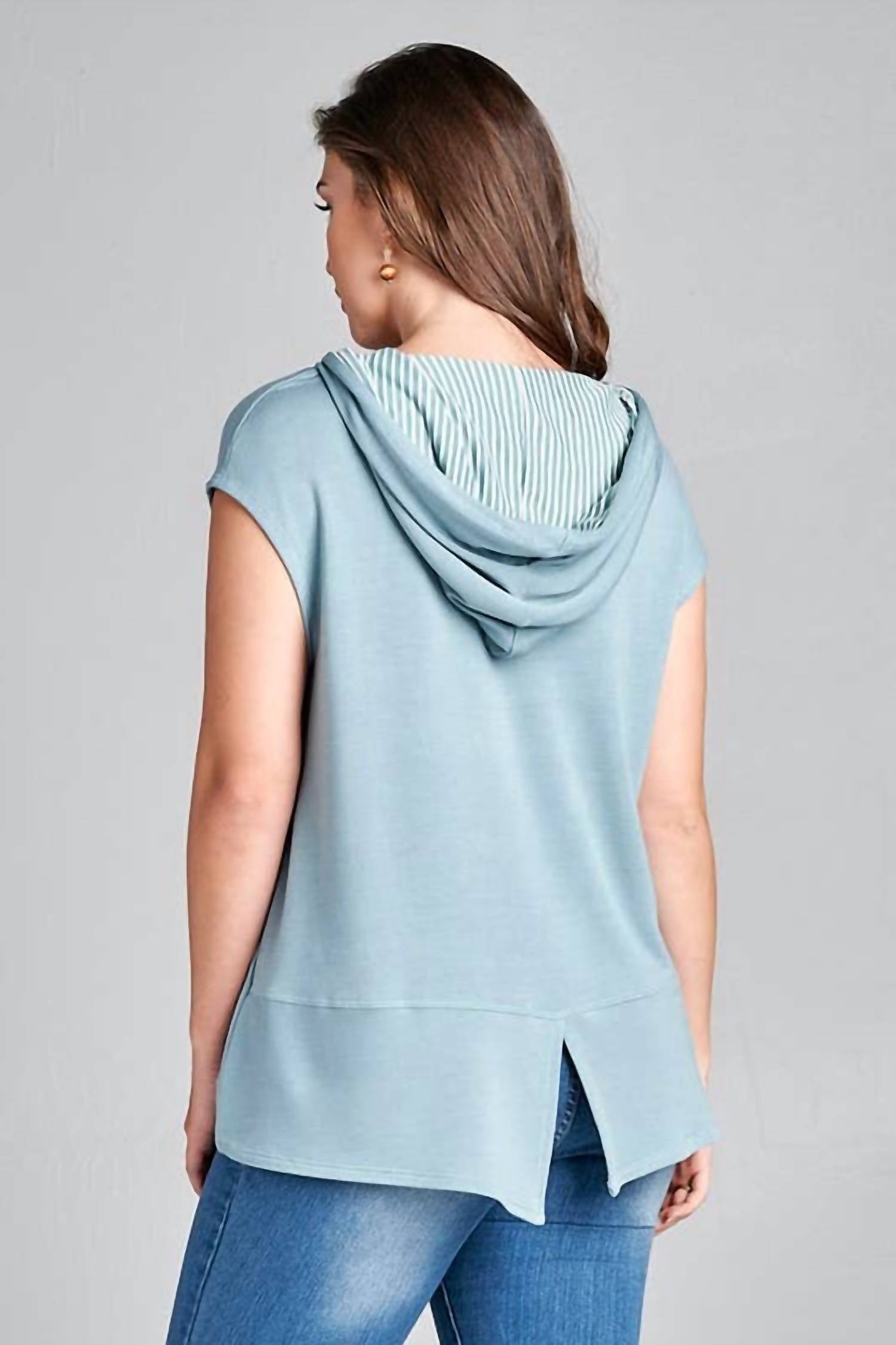 Emerald Collection Mini Sleeve Casual Hoodie Top - Plus in dusty blue - women's top - alternate view