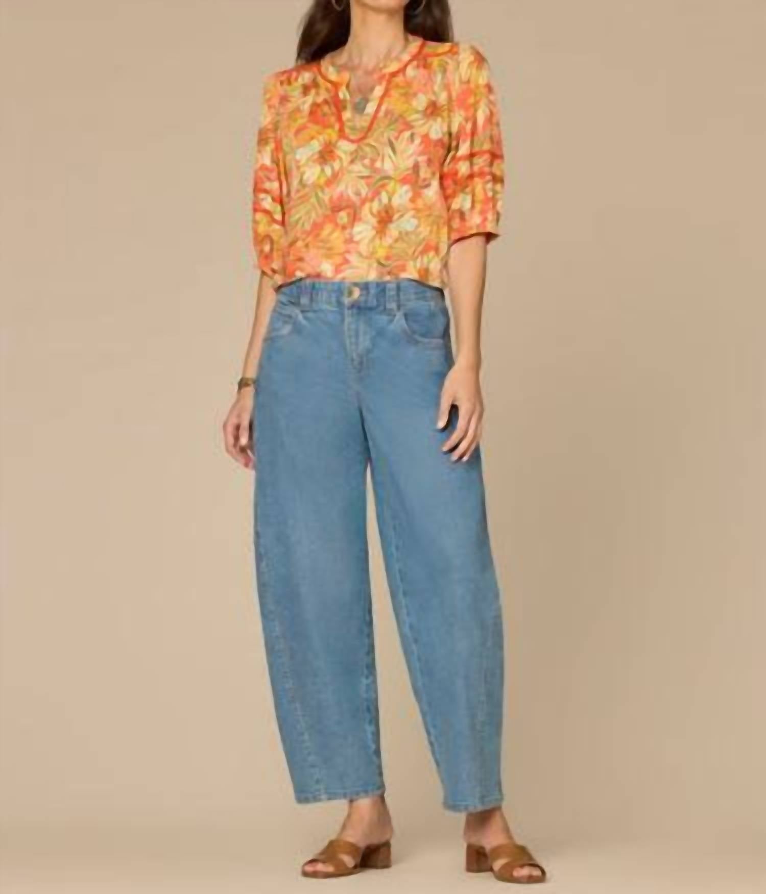Democracy Blouson Sleeve Mandarin Collar Half Placket Printed Knit Top in deep coral floral multi - women's blouse - view 4