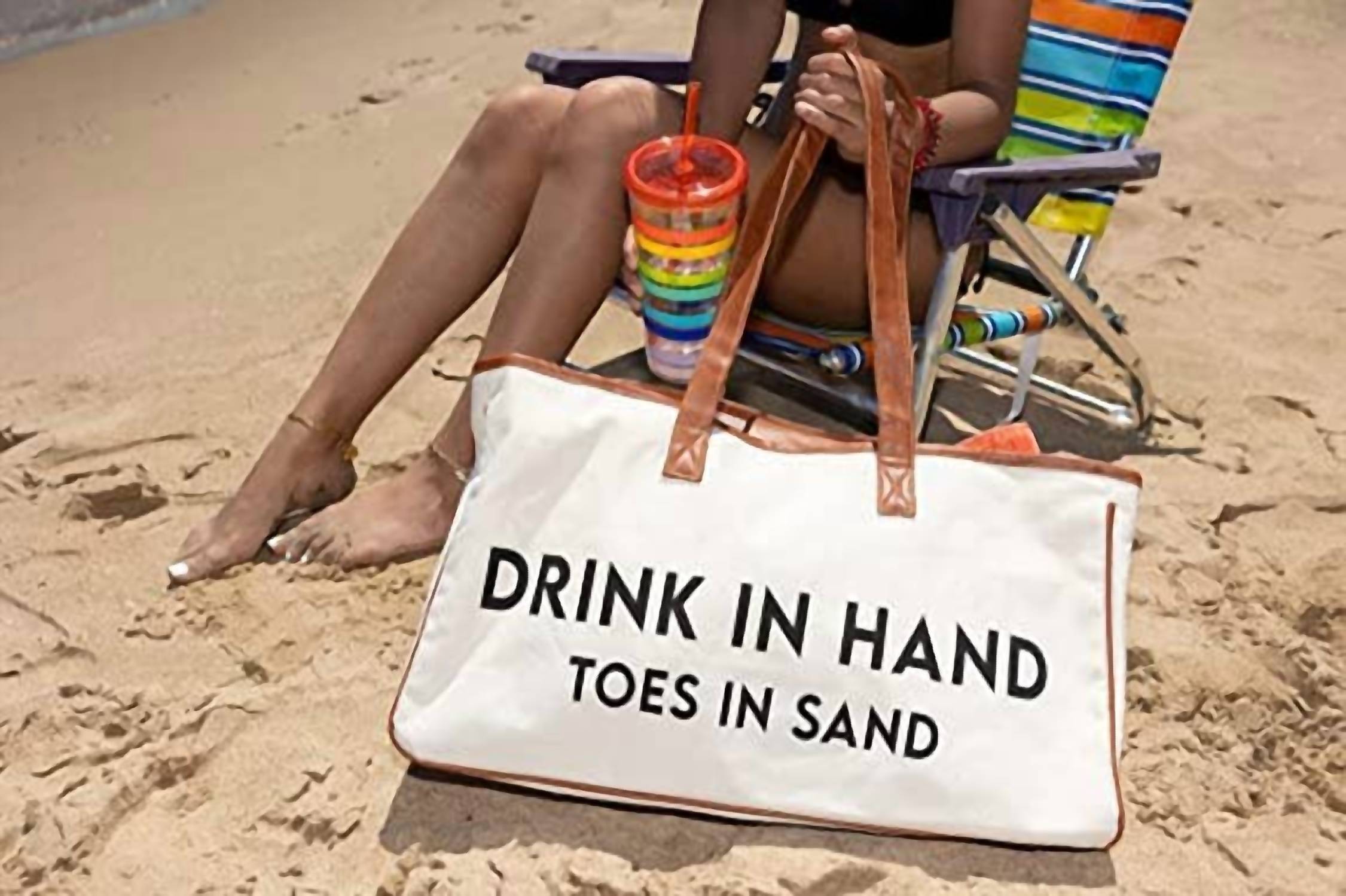 Funky Junque - Large Cotton "drink In Hand Toes In Sand" Tote Bag