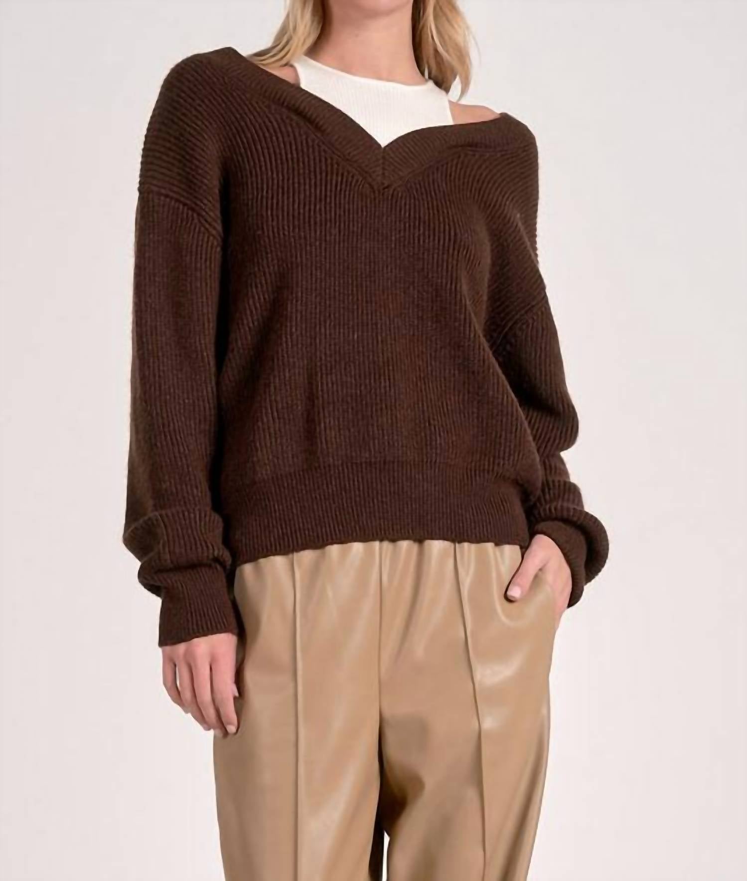 Elan - Deep V-neck Sweater With Attached Tank