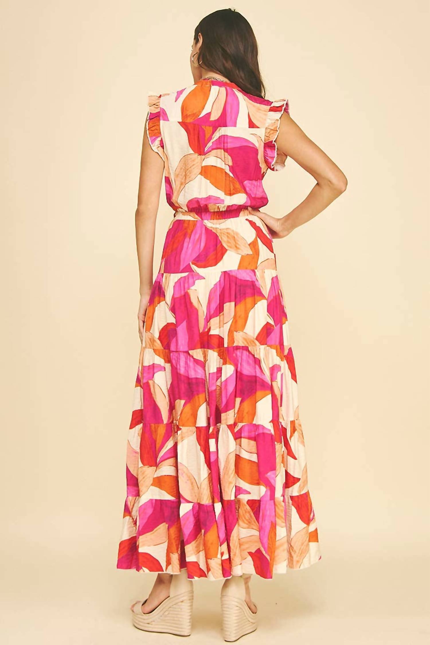 Pinch - Leaf Print Button Down Tiered Dress