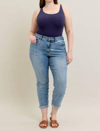 Judy Blue - Mid Rise Bleach Wash Cuffed Boyfriend Denim Jeans - Plus Size