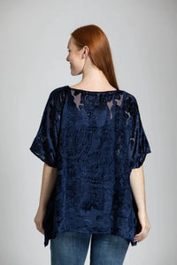 APNY Short Kaftan Burnout Velvet Top in navy velvet - women's t-shirt - detail view