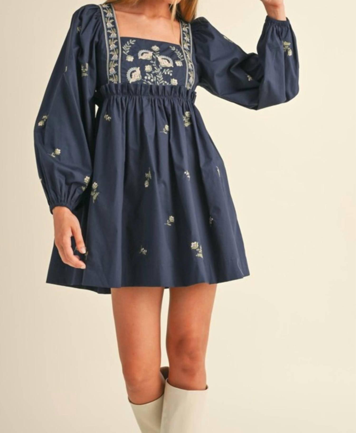 MABLE So Long October Embroidered Mini Dress in blue - women's dress - detail view