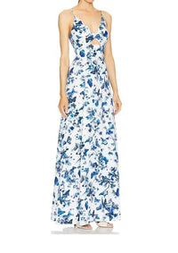L'Agence Porter Twisted Front Dress in white and blue butterfly - women's dress - detail view