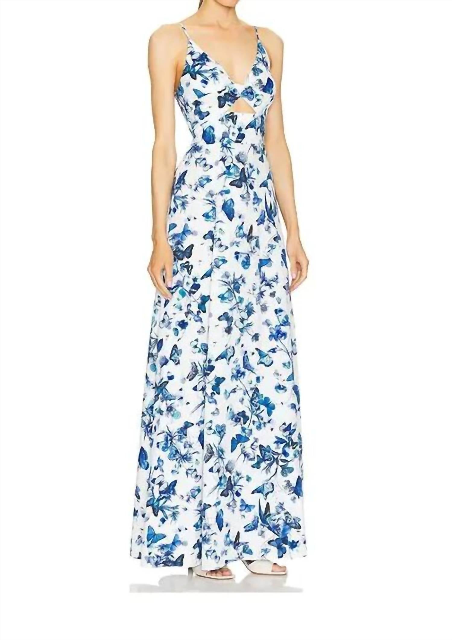 L'Agence Porter Twisted Front Dress in white and blue butterfly - women's dress - detail view