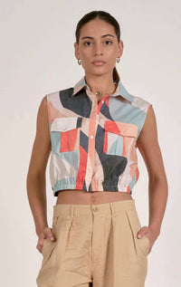 Elan - Abstract Cropped Button Up Top