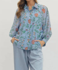 Entro - Women's Floral Print Long Sleeve Button Up Top