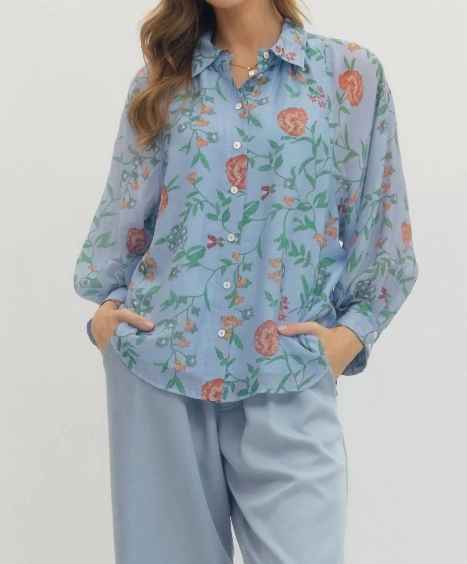 Entro - Women's Floral Print Long Sleeve Button Up Top