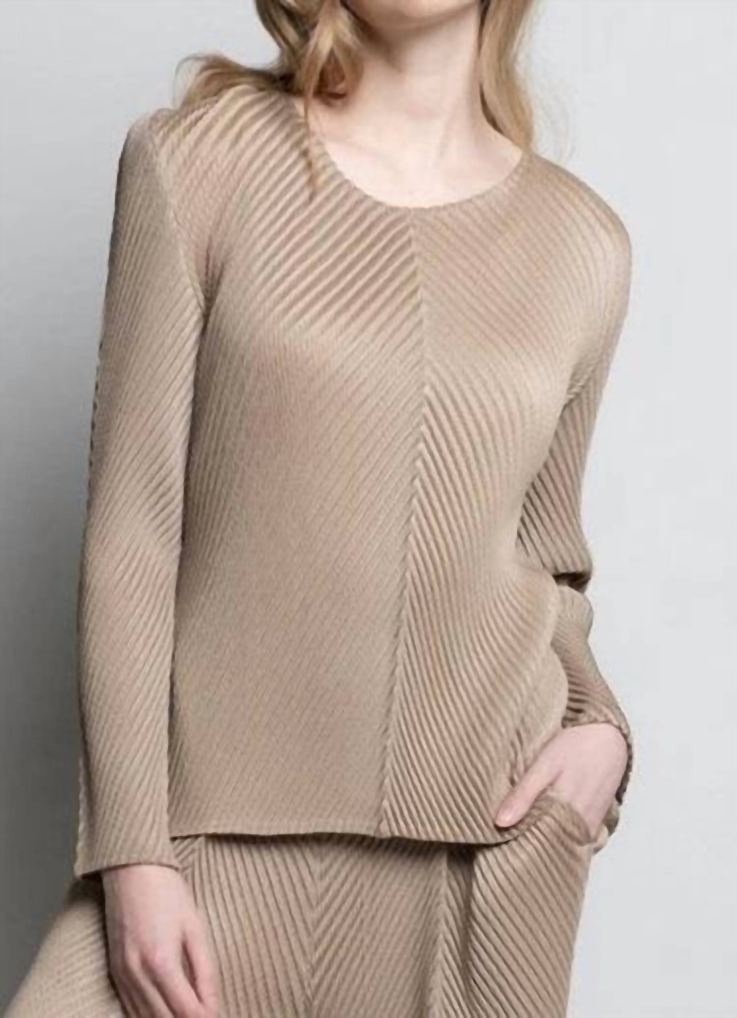 Picadilly - Tan Lightweight Crinkle Texture Pleated Blouse by Picadilly