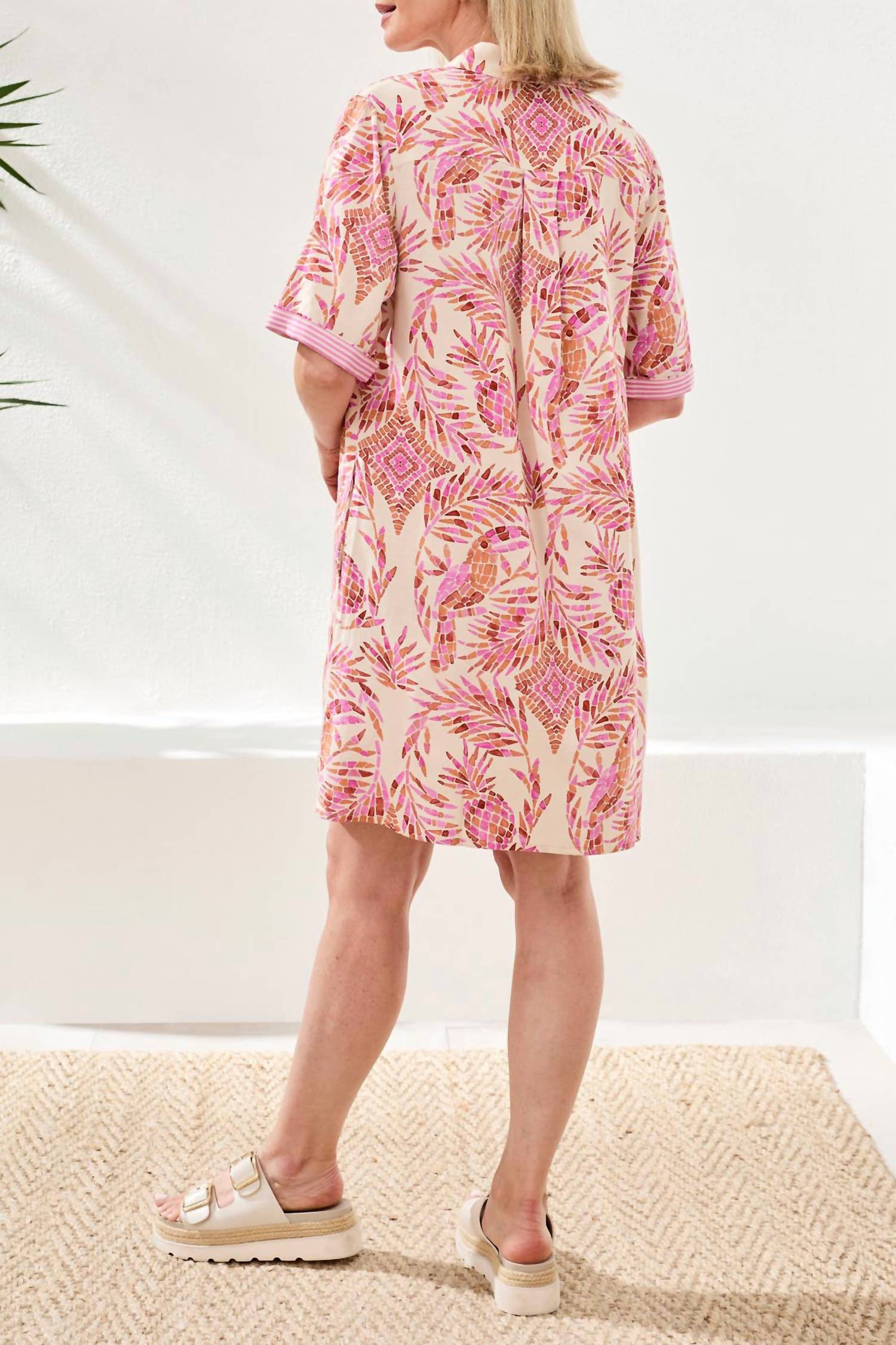 TRIBAL 1/2 Sleeve Buttton Front Dress in pink - women's dress - detail view